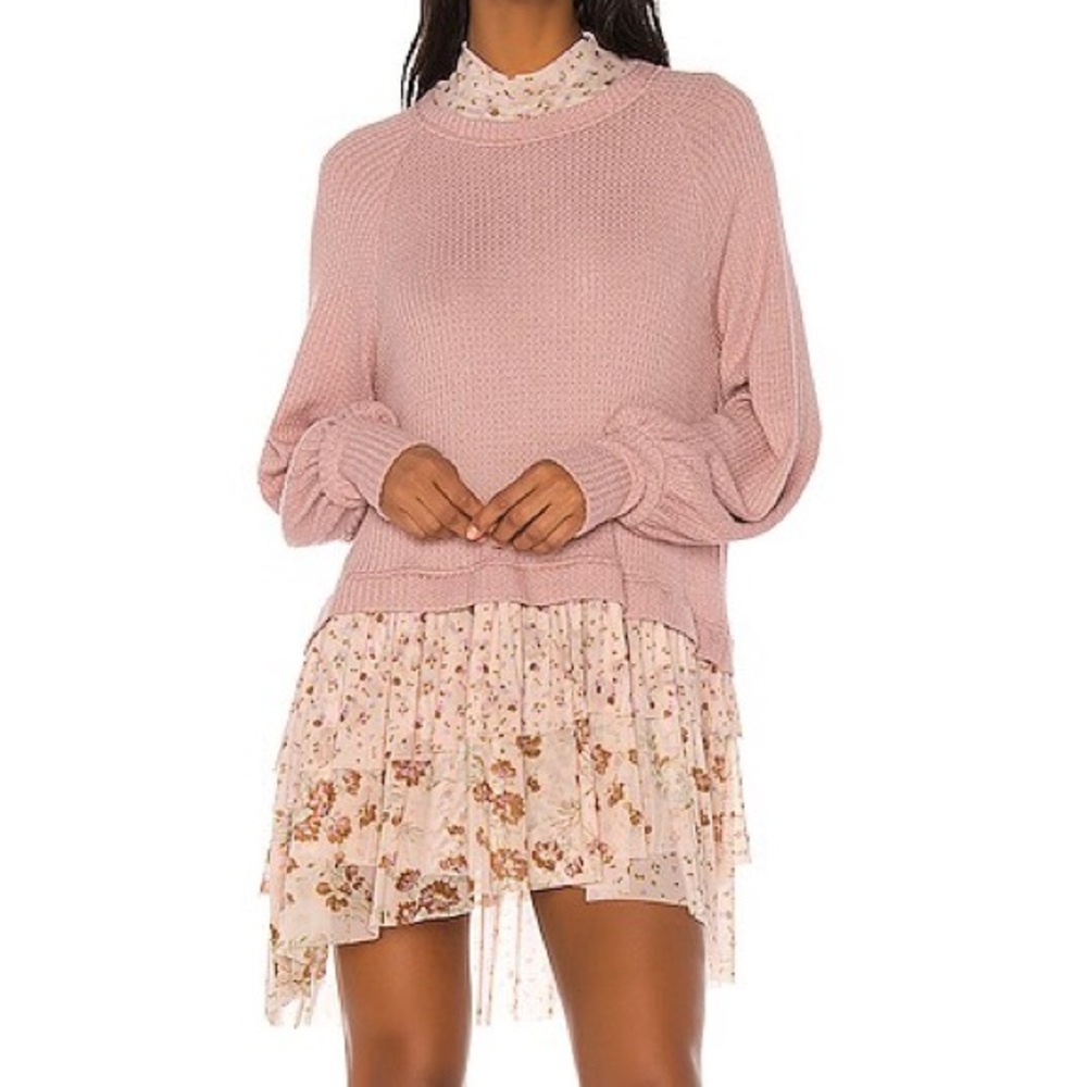 FREE PEOPLE pink Opposites Attract mockneck long sleeve layered mini dress S